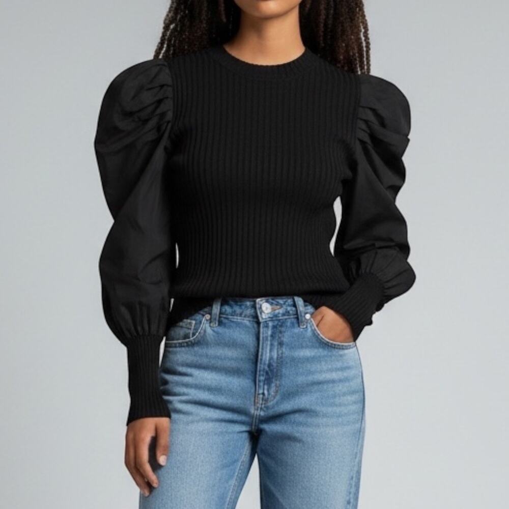 Ribbed Mixed Media Puff Sleeve Beulah Style Black Mock Neck Fitted Party Top M/L